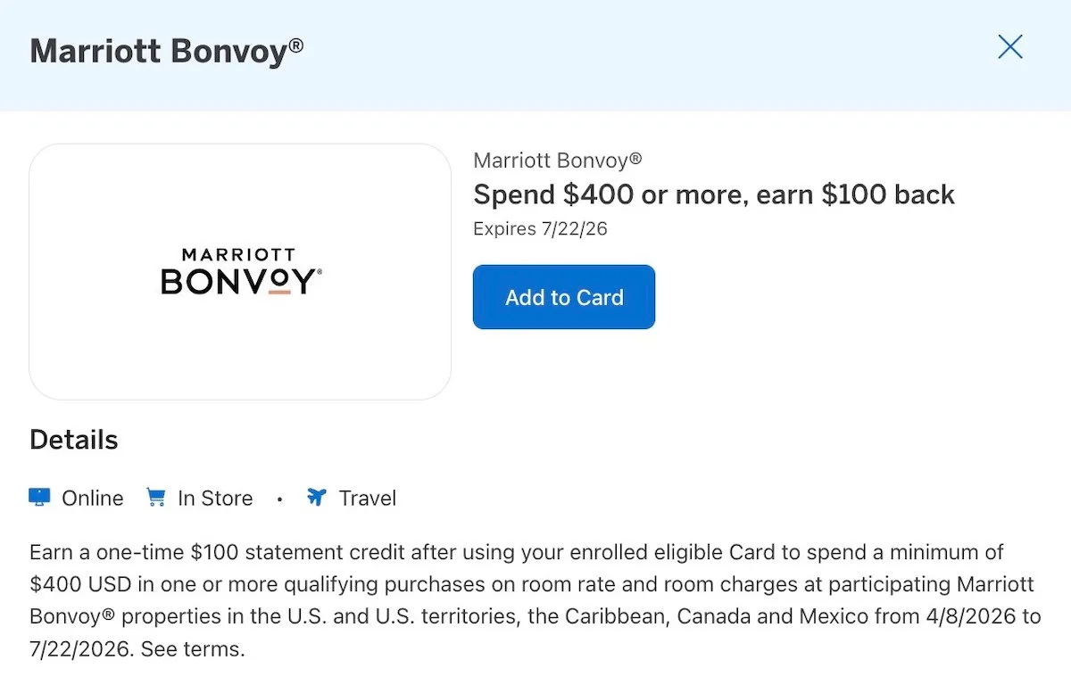 Save $100 on Your Marriott Stay with Amex Offers